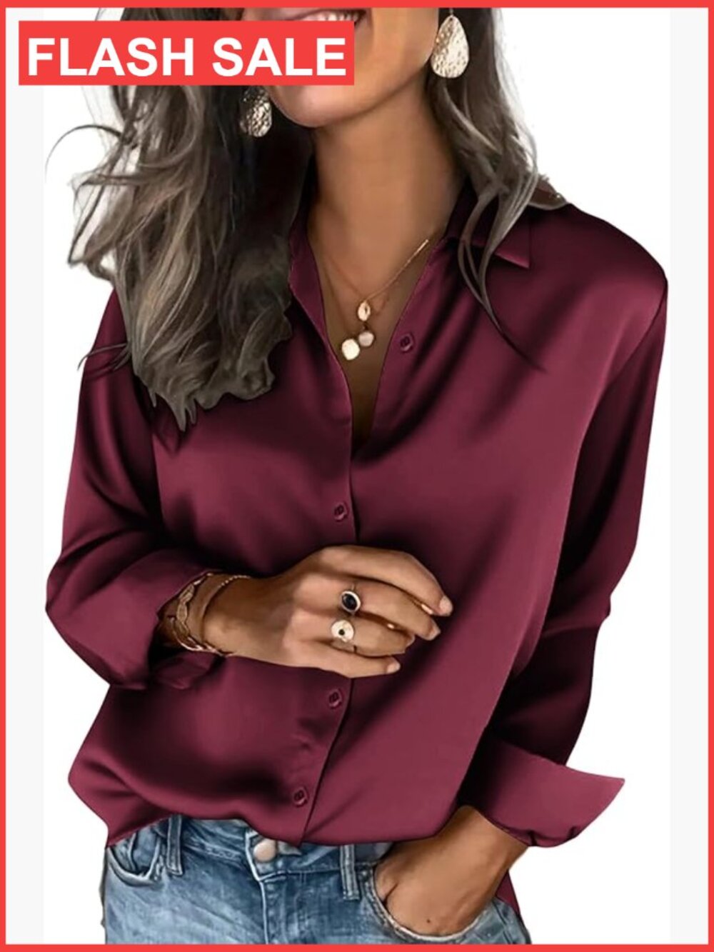 Satin Button Down Shirt Long Sleeve Business Casual Blouse Regular Fit